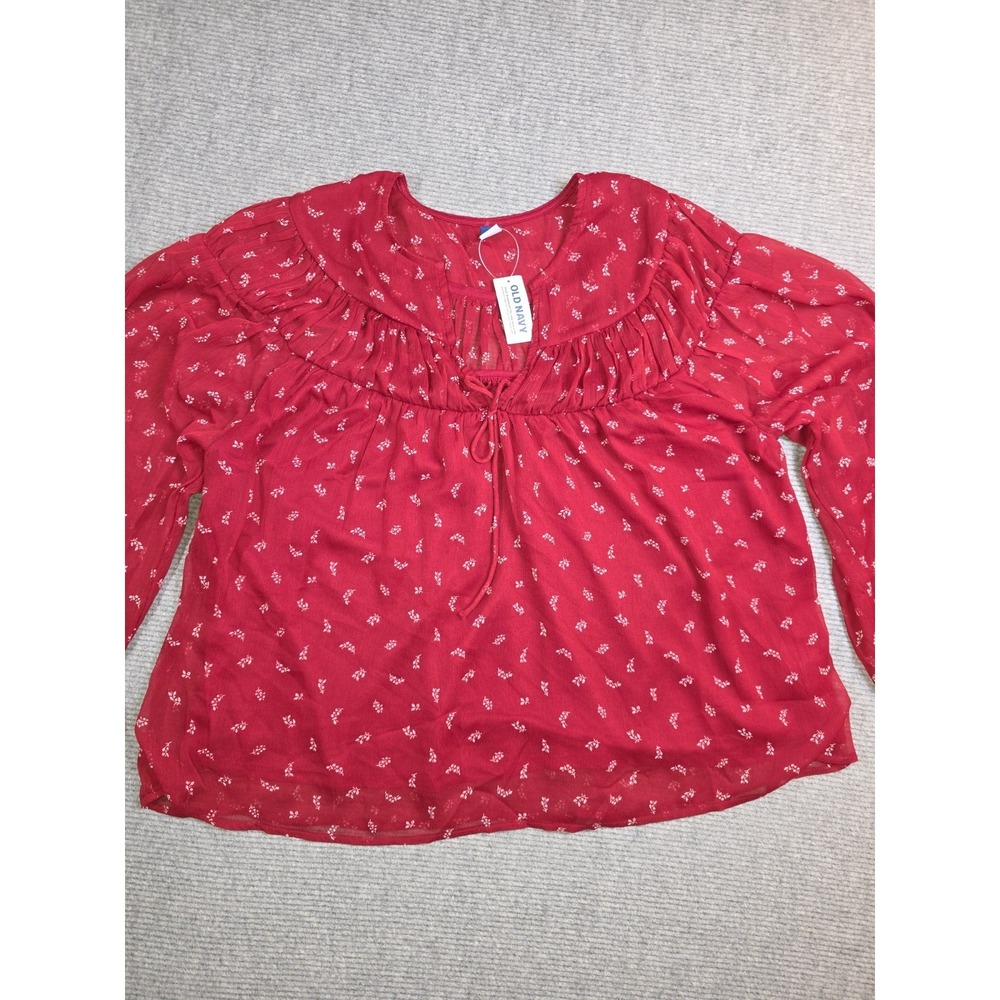 Old Navy Womens L Red Chiffon Ditzy Floral Sheer Lined Long Sleeve Peasant Top - Picture 4 of 14